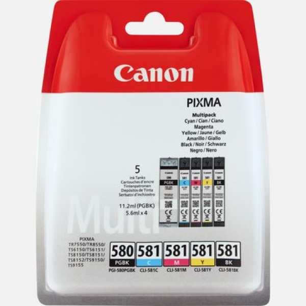 Canon PGI-580 & CLI-581 Printer Ink Cartridges CMYKK Blister Pack (Obsolete product)