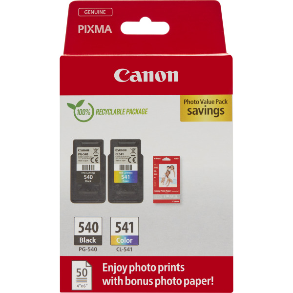 Canon PG-540 / CL-541 Genuine Ink Cartridges, Pack of 2 (1 x Black, 1 x Colour), Includes 50 sheets of 4x6 Canon Photo Paper - Cardboard Multipack