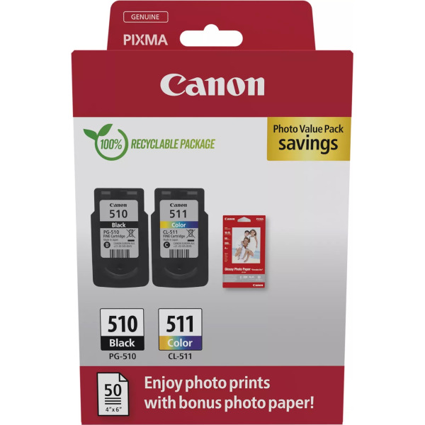 Canon PG-510 / CL-511 Genuine Ink Cartridges, Pack of 2 (1 x Black, 1 x Colour), Includes 50 sheets of 4x6 Canon Photo Paper - Cardboard Multipack