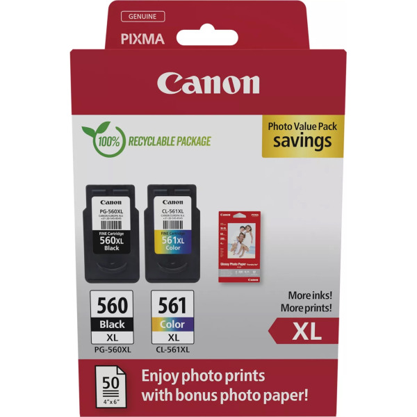 Canon PG-560XL / CL-561XL High Yield Genuine Ink Cartridges, Pack of 2 (Colour & Black); Includes 50 Sheets of 4x6 Canon Photo Paper - Cardboard Multipack